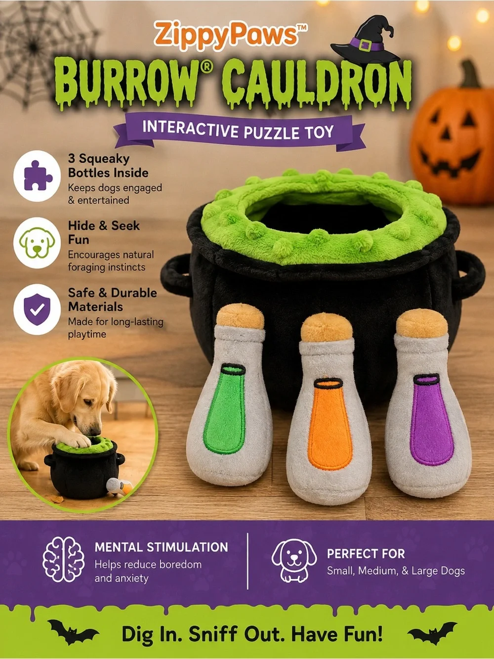 ZippyPaws Burrow Cauldron Interactive Dog Toy - Black & Green